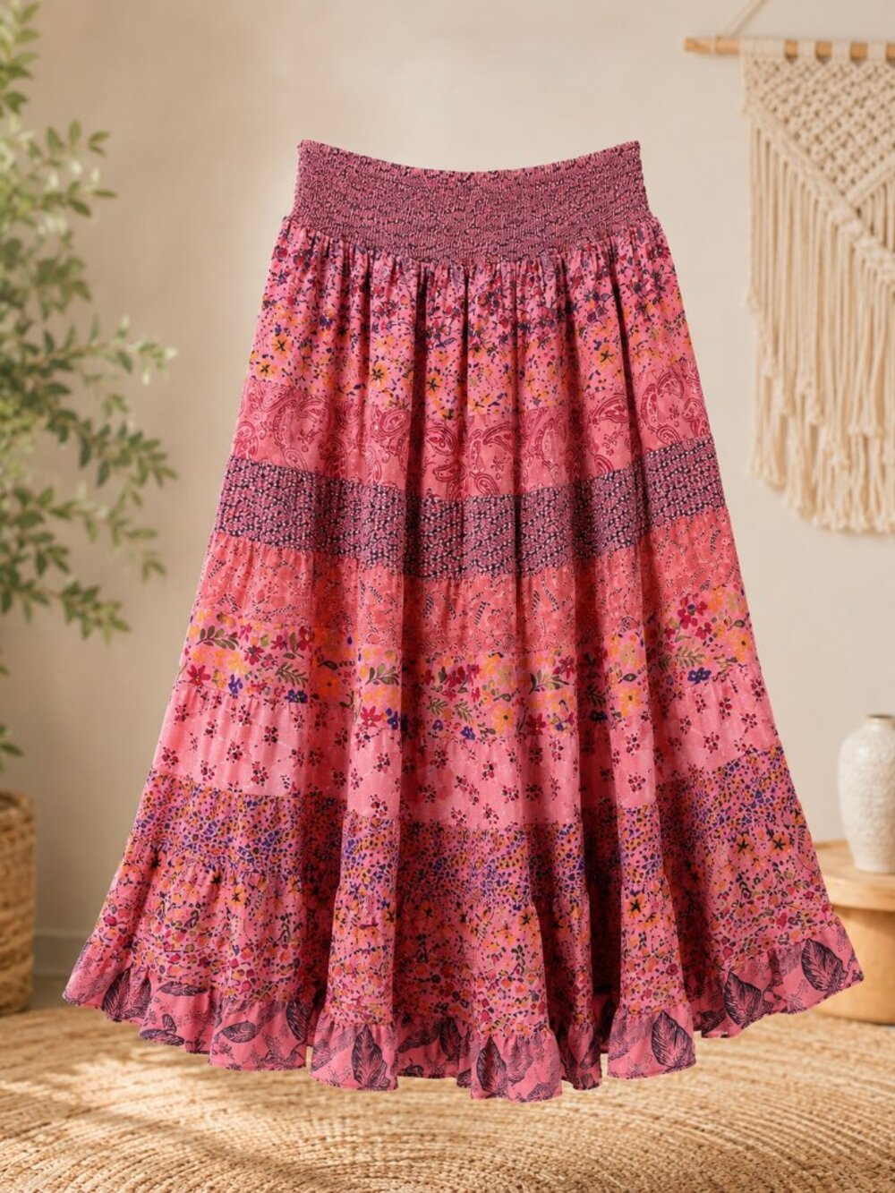 The Pyramid Collection Pink Boho Floral Maxi Skirt XL Smocked Waist